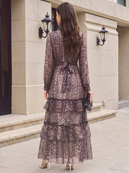 Sheer Leopard Long Sleeve Tiered Ruffled Dress