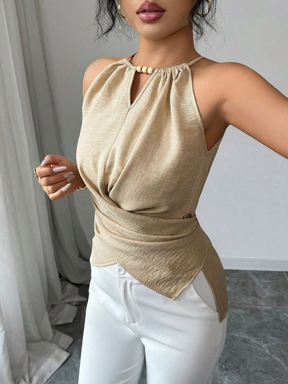 Criss Cross Lace-Up Sleeveless Solid Color Blouse