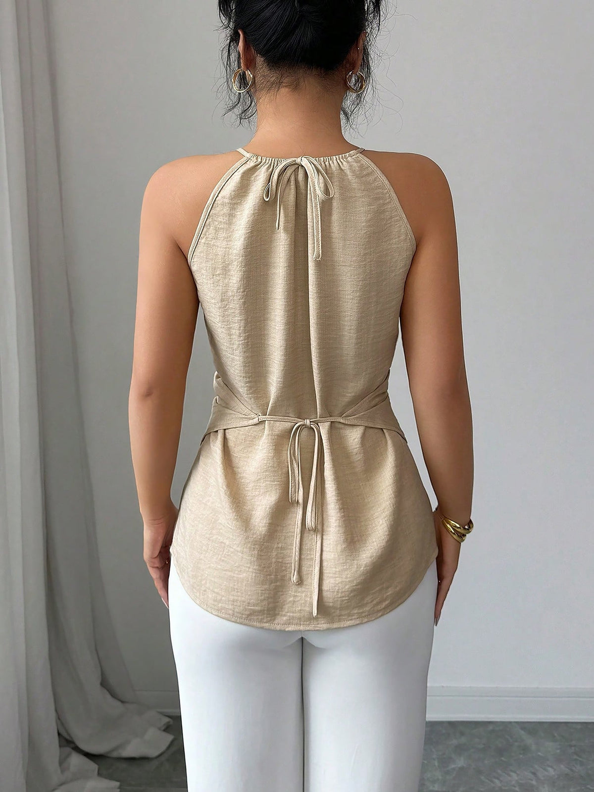 Criss Cross Lace-Up Sleeveless Solid Color Blouse