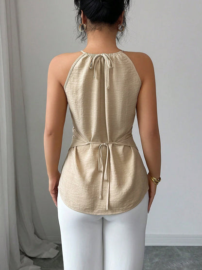 Criss Cross Lace-Up Sleeveless Solid Color Blouse