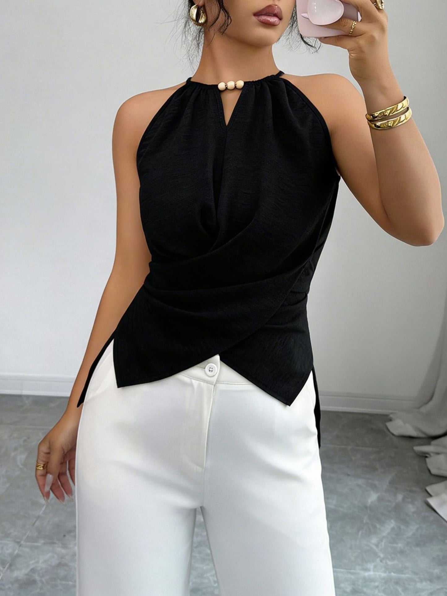Criss Cross Lace-Up Sleeveless Solid Color Blouse