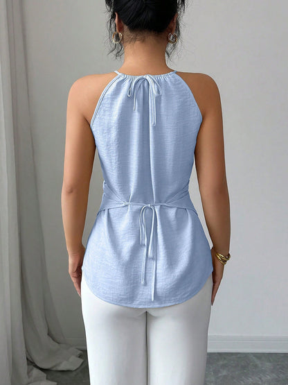 Criss Cross Lace-Up Sleeveless Solid Color Blouse