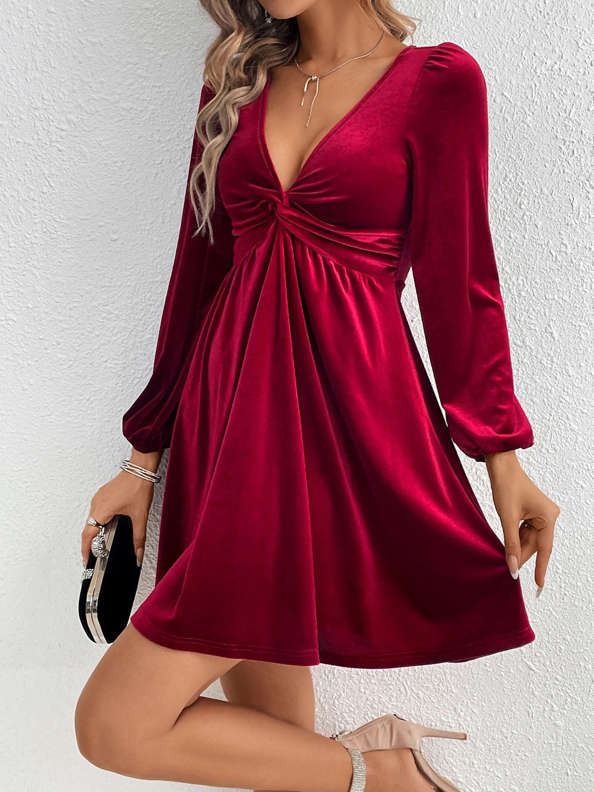 Velvet Puff Sleeves Ruched A-Line Mini Dress