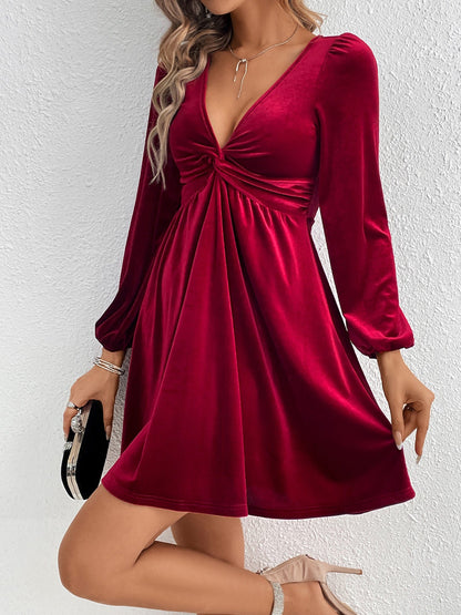 Velvet Puff Sleeves Ruched A-Line Mini Dress