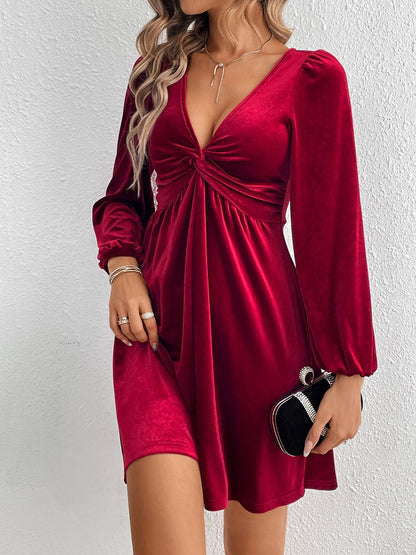 Velvet Puff Sleeves Ruched A-Line Mini Dress