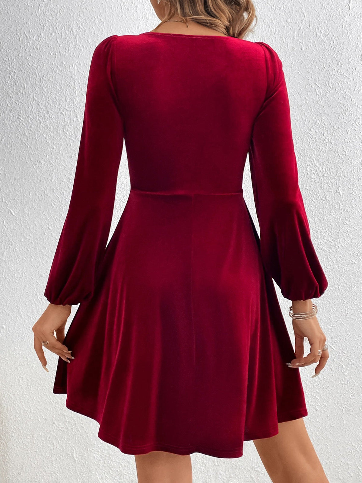 Velvet Puff Sleeves Ruched A-Line Mini Dress