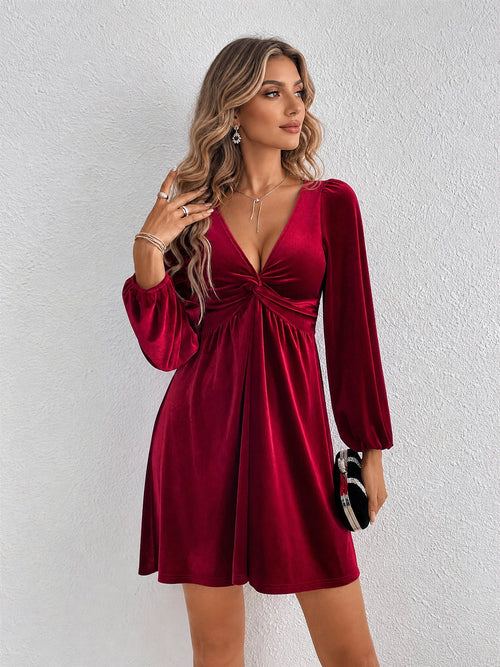 Velvet Puff Sleeves Ruched A-Line Mini Dress
