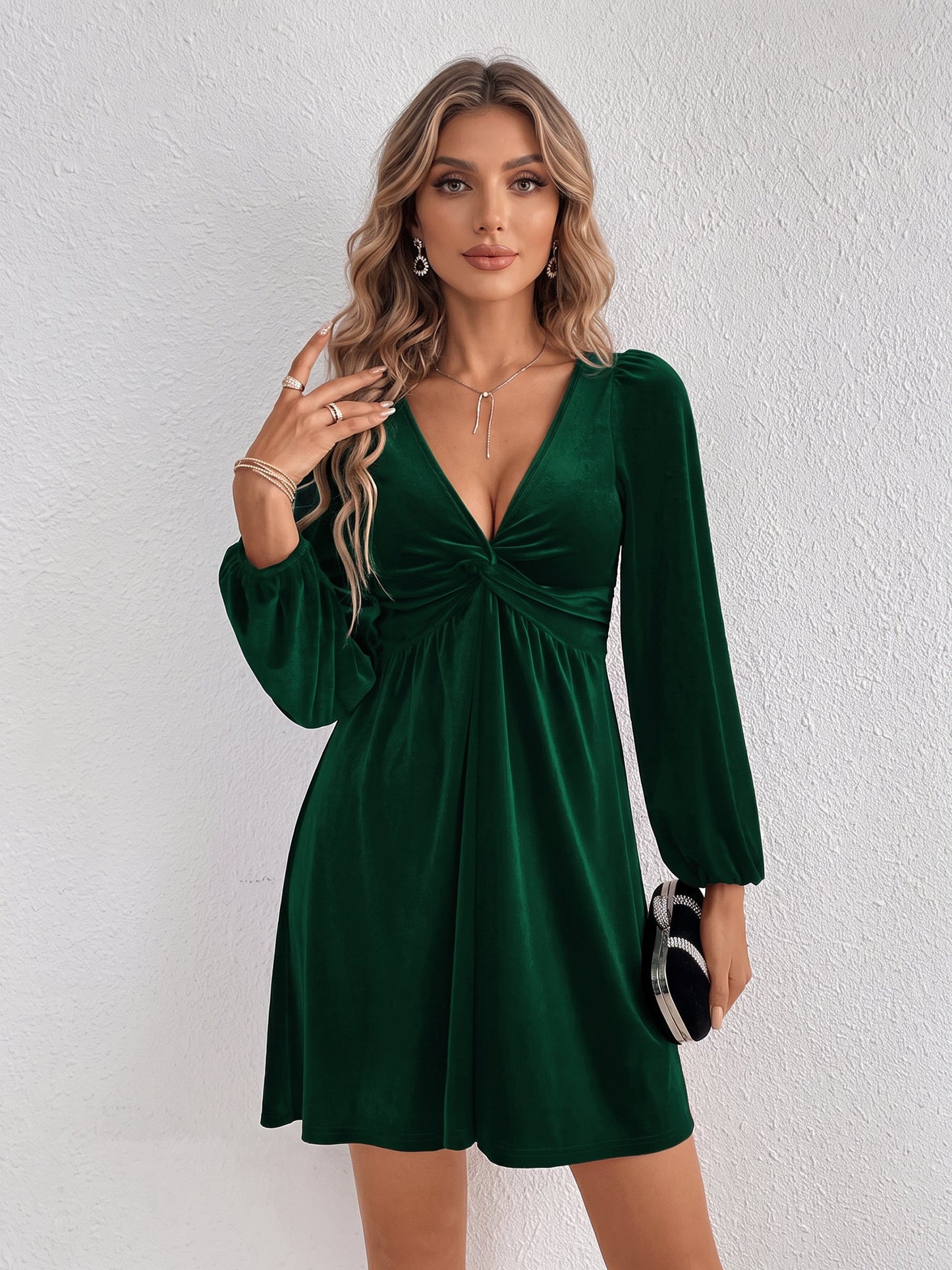 Velvet Puff Sleeves Ruched A-Line Mini Dress