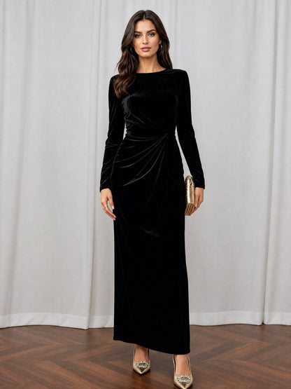 Velvet Long Sleeves Ruched Slit Bodycon Dress