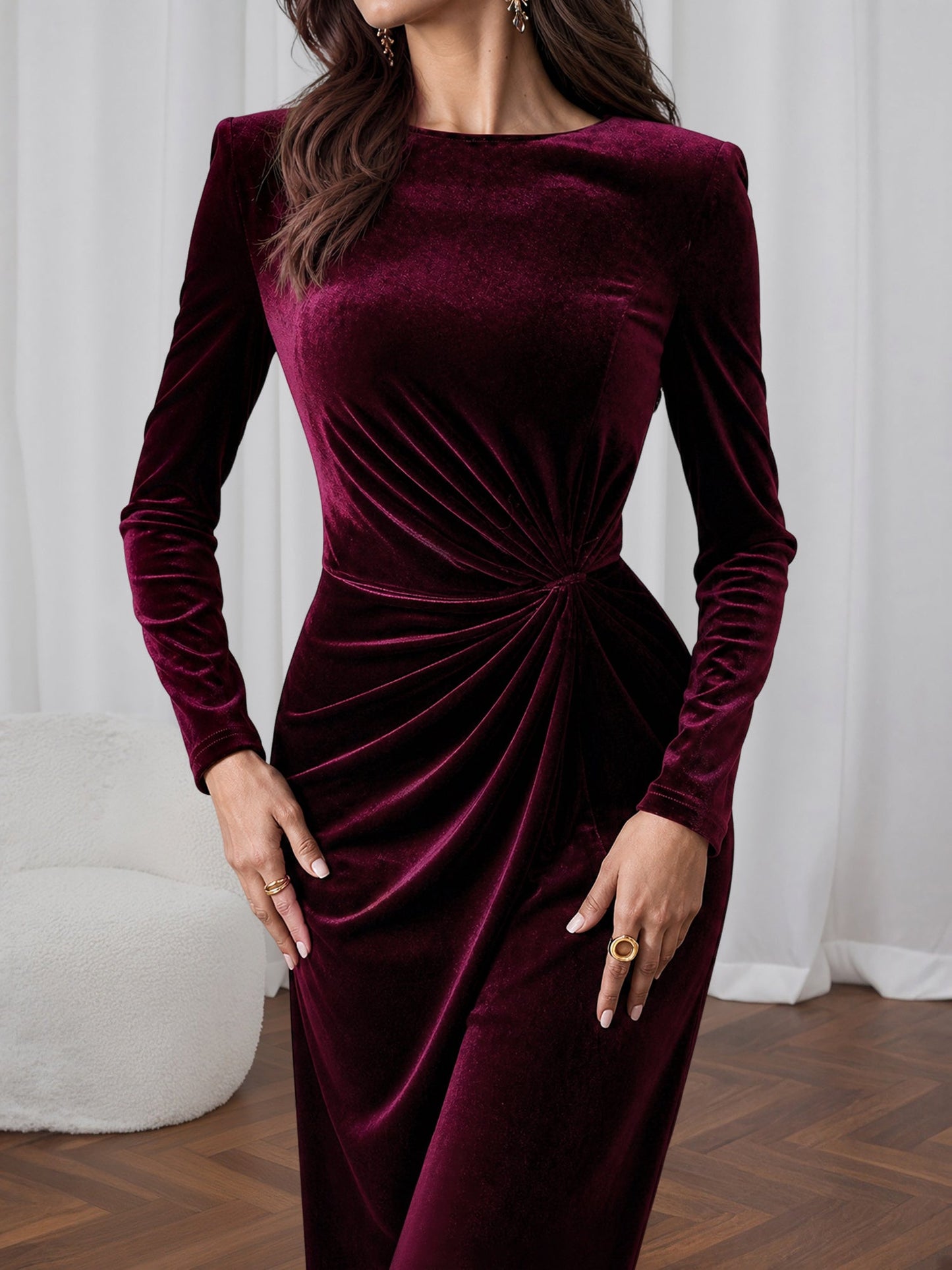 Velvet Long Sleeves Ruched Slit Bodycon Dress