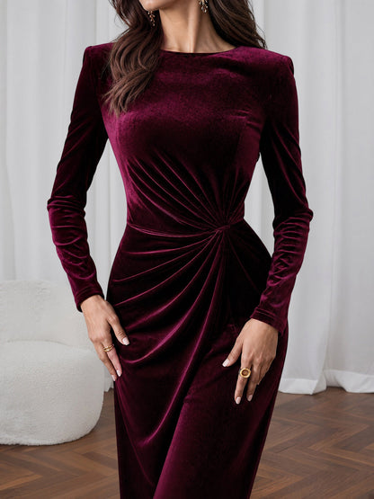 Velvet Long Sleeves Ruched Slit Bodycon Dress