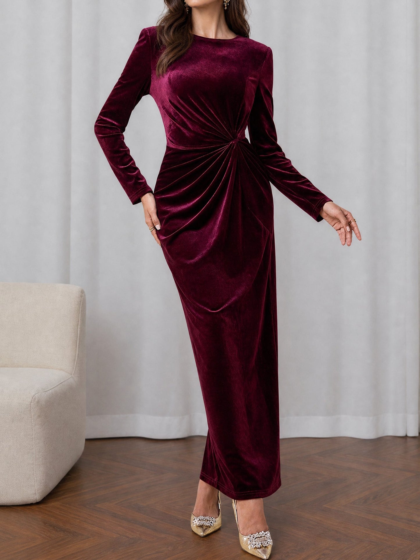 Velvet Long Sleeves Ruched Slit Bodycon Dress