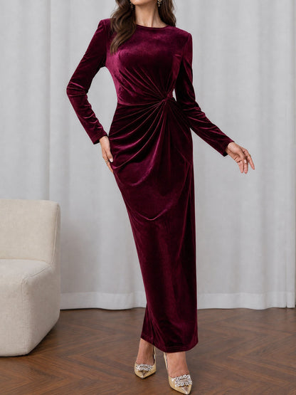 Velvet Long Sleeves Ruched Slit Bodycon Dress