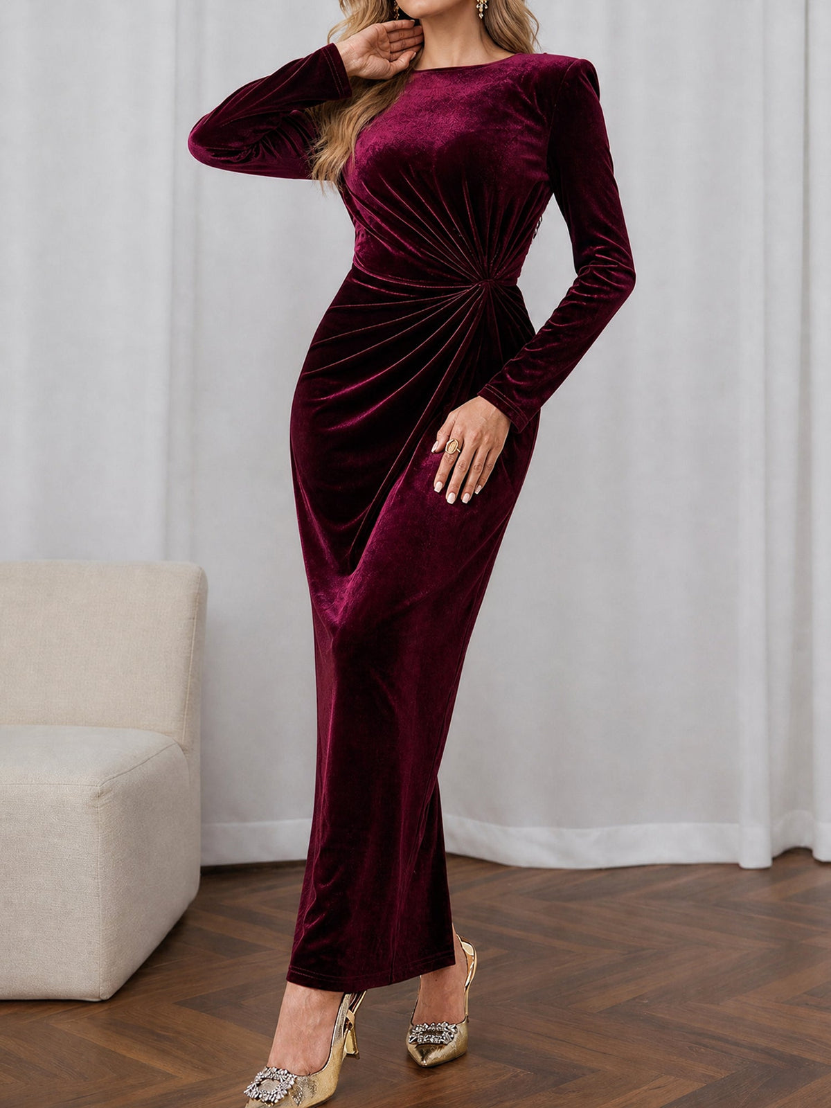 Velvet Long Sleeves Ruched Slit Bodycon Dress