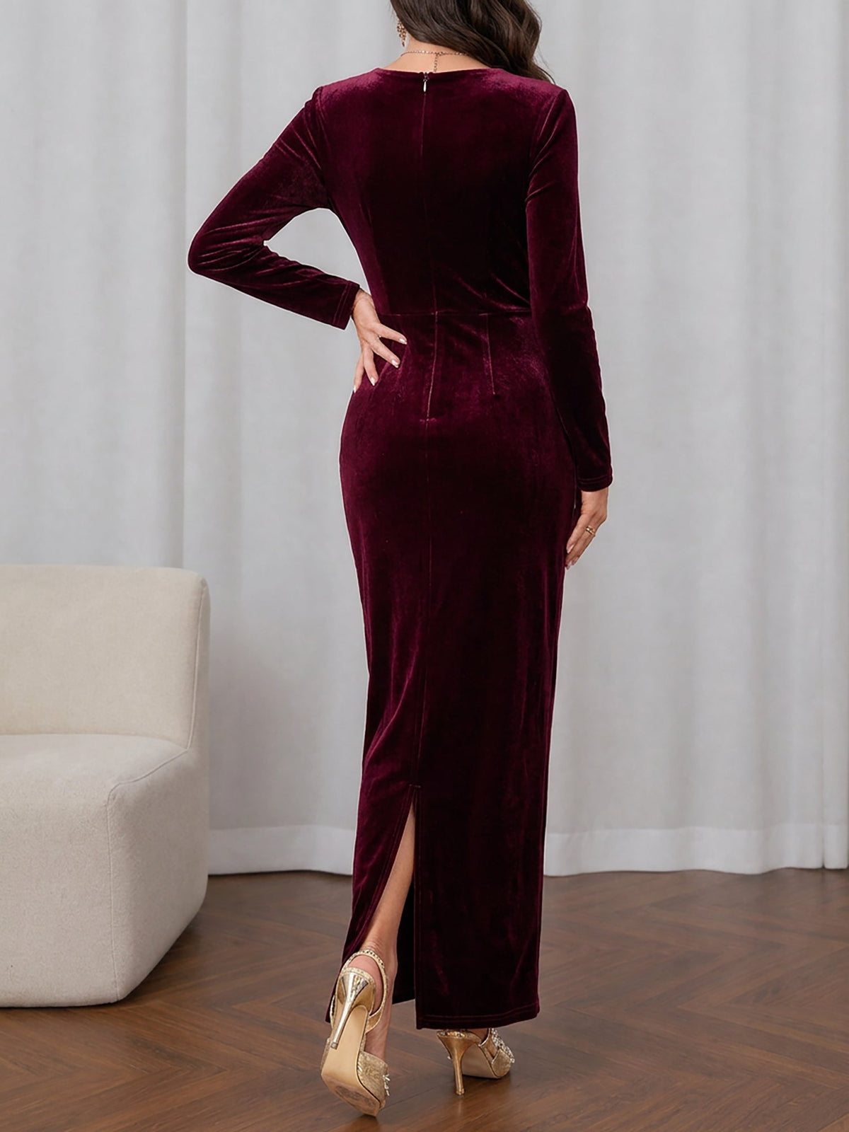 Velvet Long Sleeves Ruched Slit Bodycon Dress