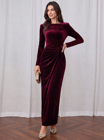 Velvet Long Sleeves Ruched Slit Bodycon Dress