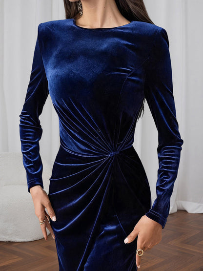 Velvet Long Sleeves Ruched Slit Bodycon Dress