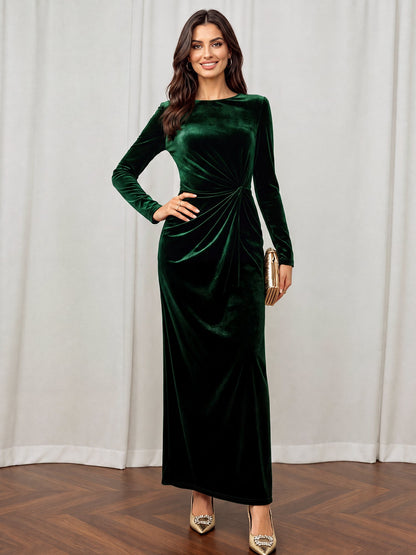 Velvet Long Sleeves Ruched Slit Bodycon Dress