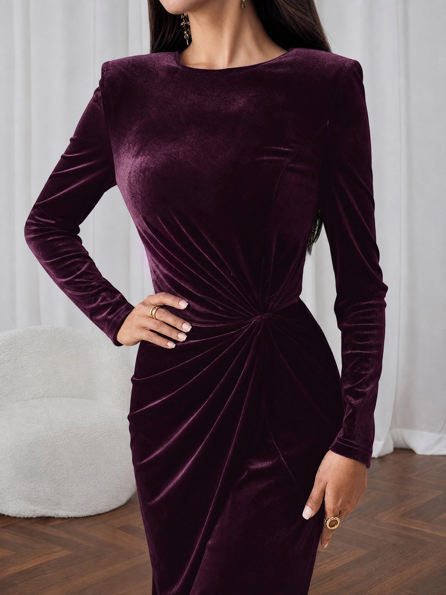 Velvet Long Sleeves Ruched Slit Bodycon Dress