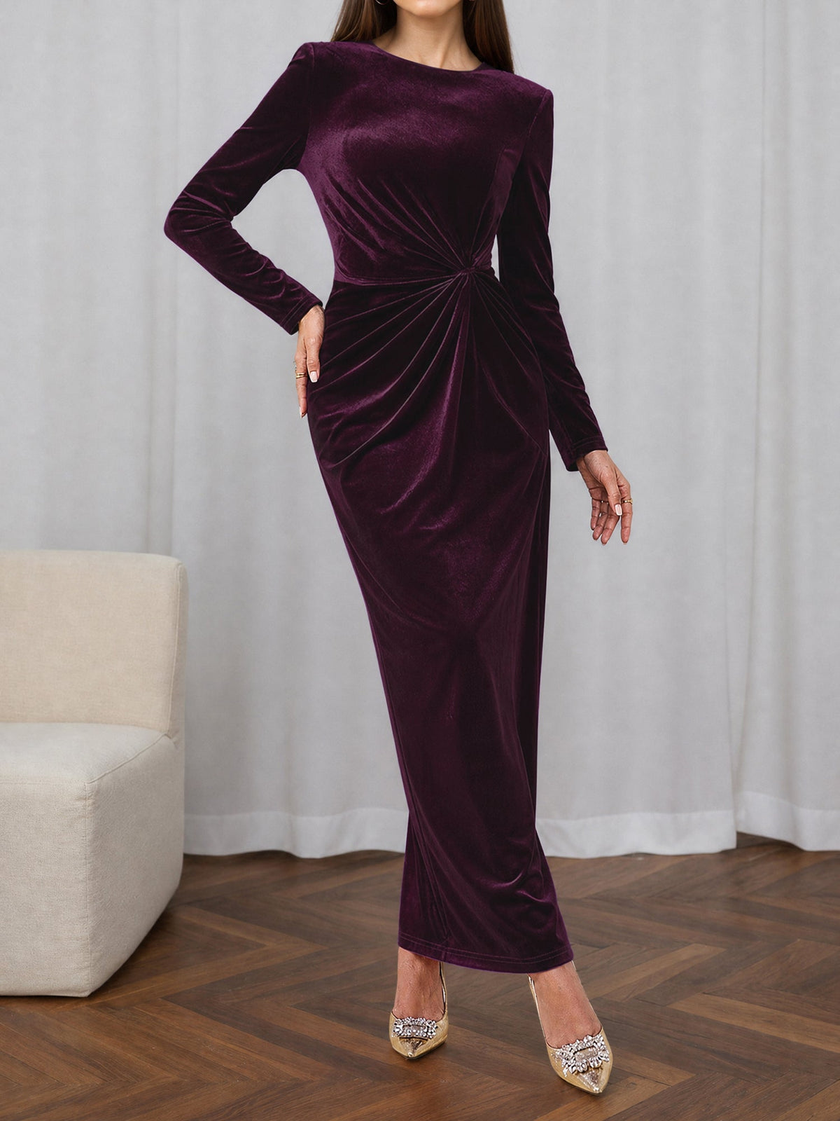 Velvet Long Sleeves Ruched Slit Bodycon Dress