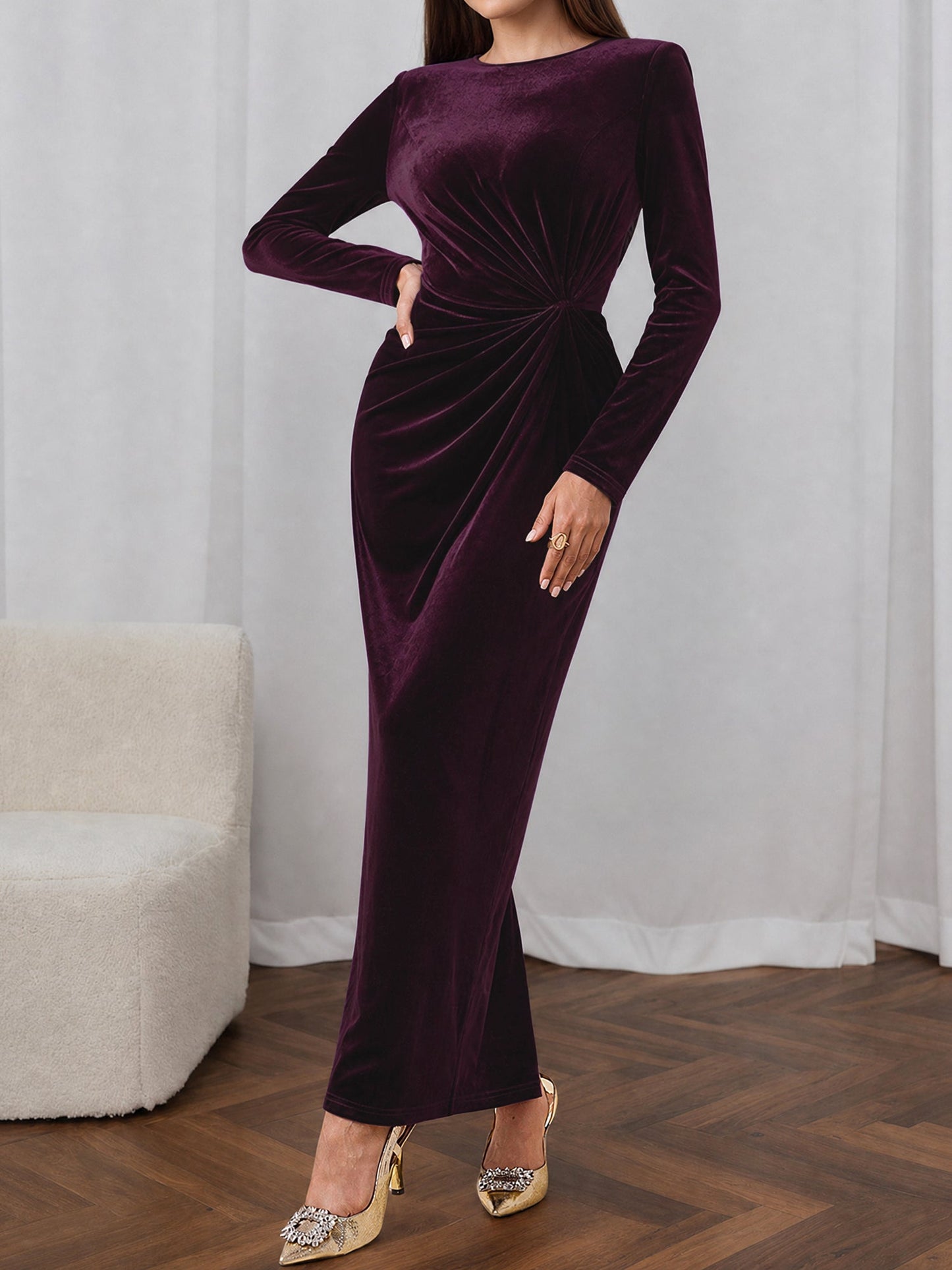 Velvet Long Sleeves Ruched Slit Bodycon Dress