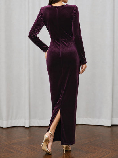 Velvet Long Sleeves Ruched Slit Bodycon Dress