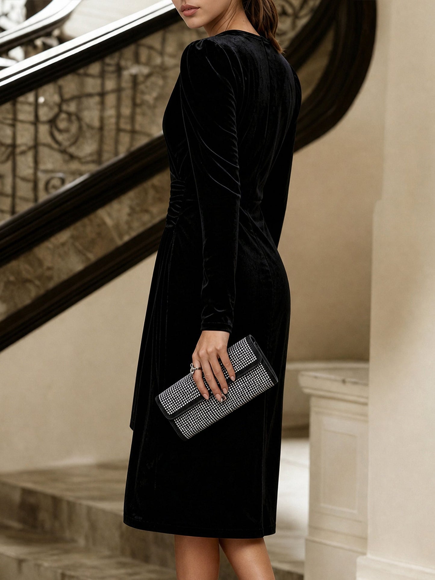Velvet V Neck Puff Sleeves Ruched Midi Dress
