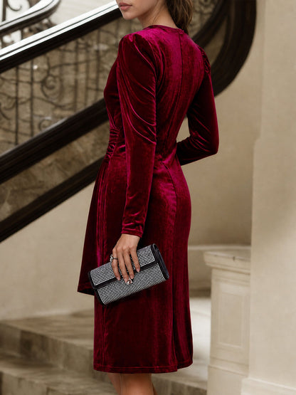 Velvet V Neck Puff Sleeves Ruched Midi Dress