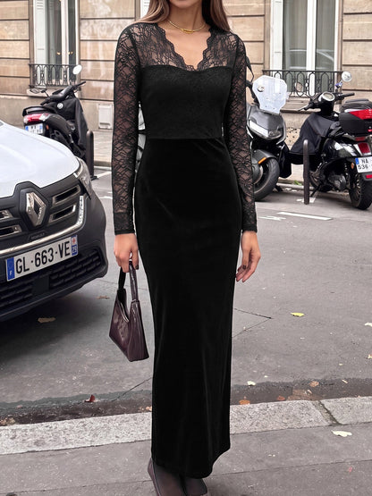 Lace Velvet Patchwork Bodycon Maxi Slit Dress