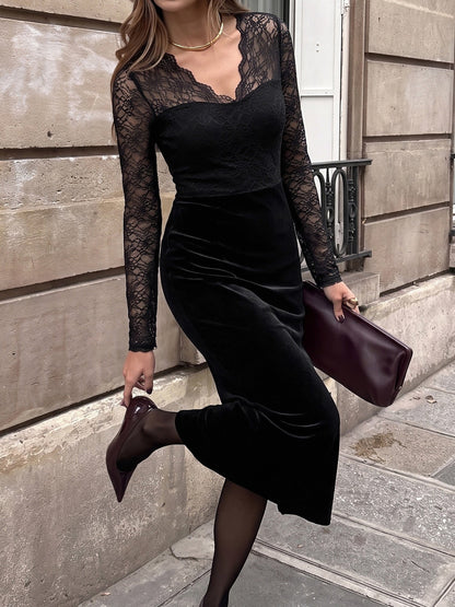 Lace Velvet Patchwork Bodycon Maxi Slit Dress