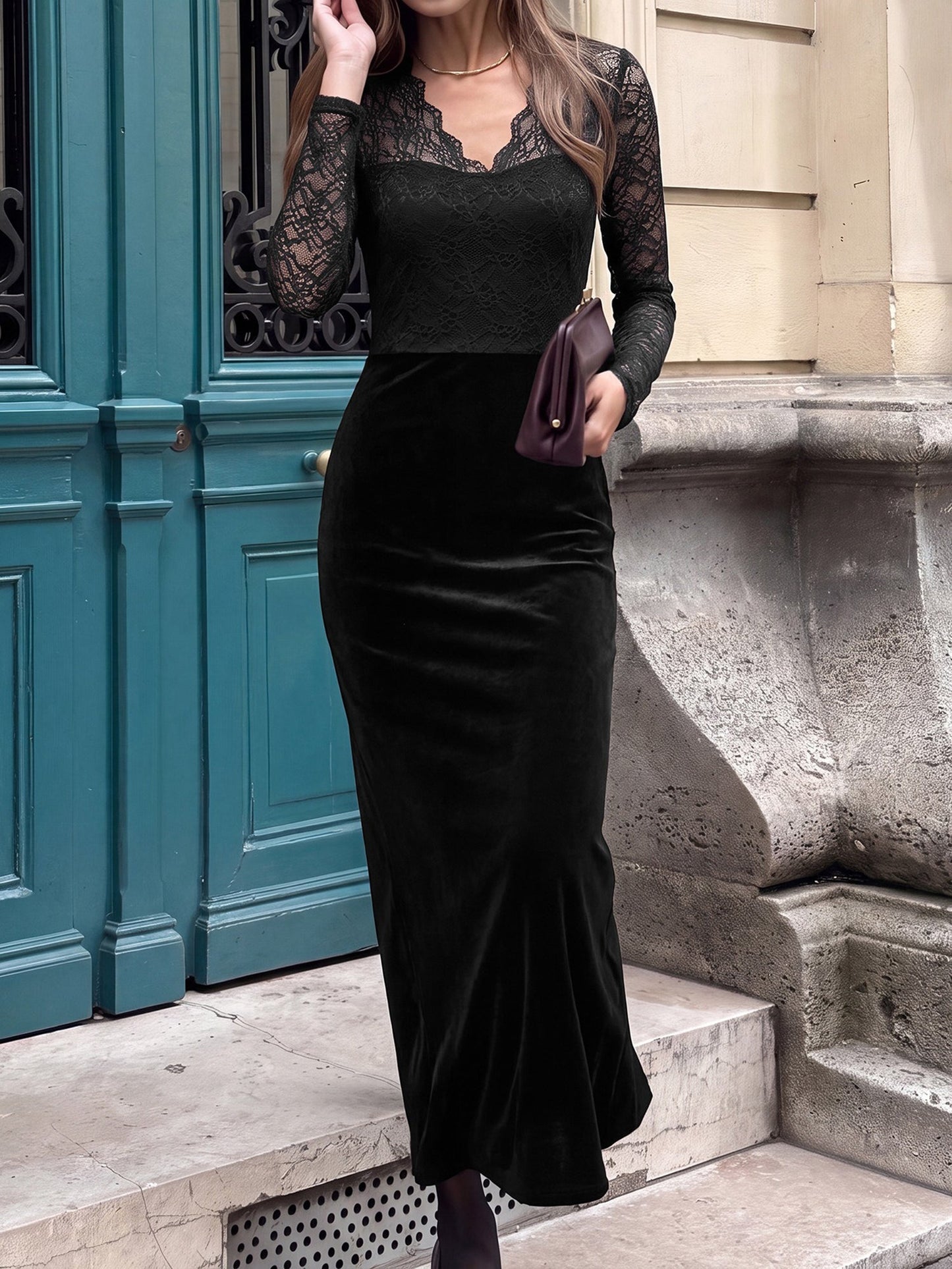 Lace Velvet Patchwork Bodycon Maxi Slit Dress