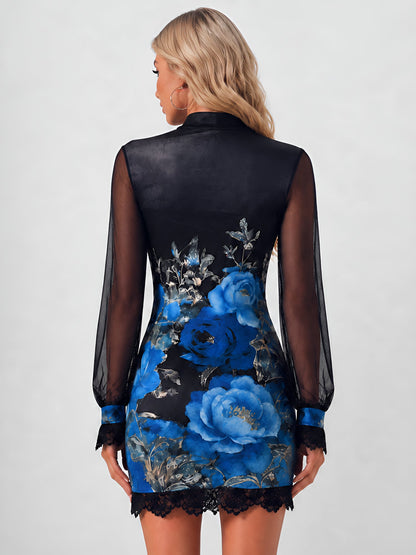 Lace Patchwork Sheer Mesh Floral Bodycon Mini Dress
