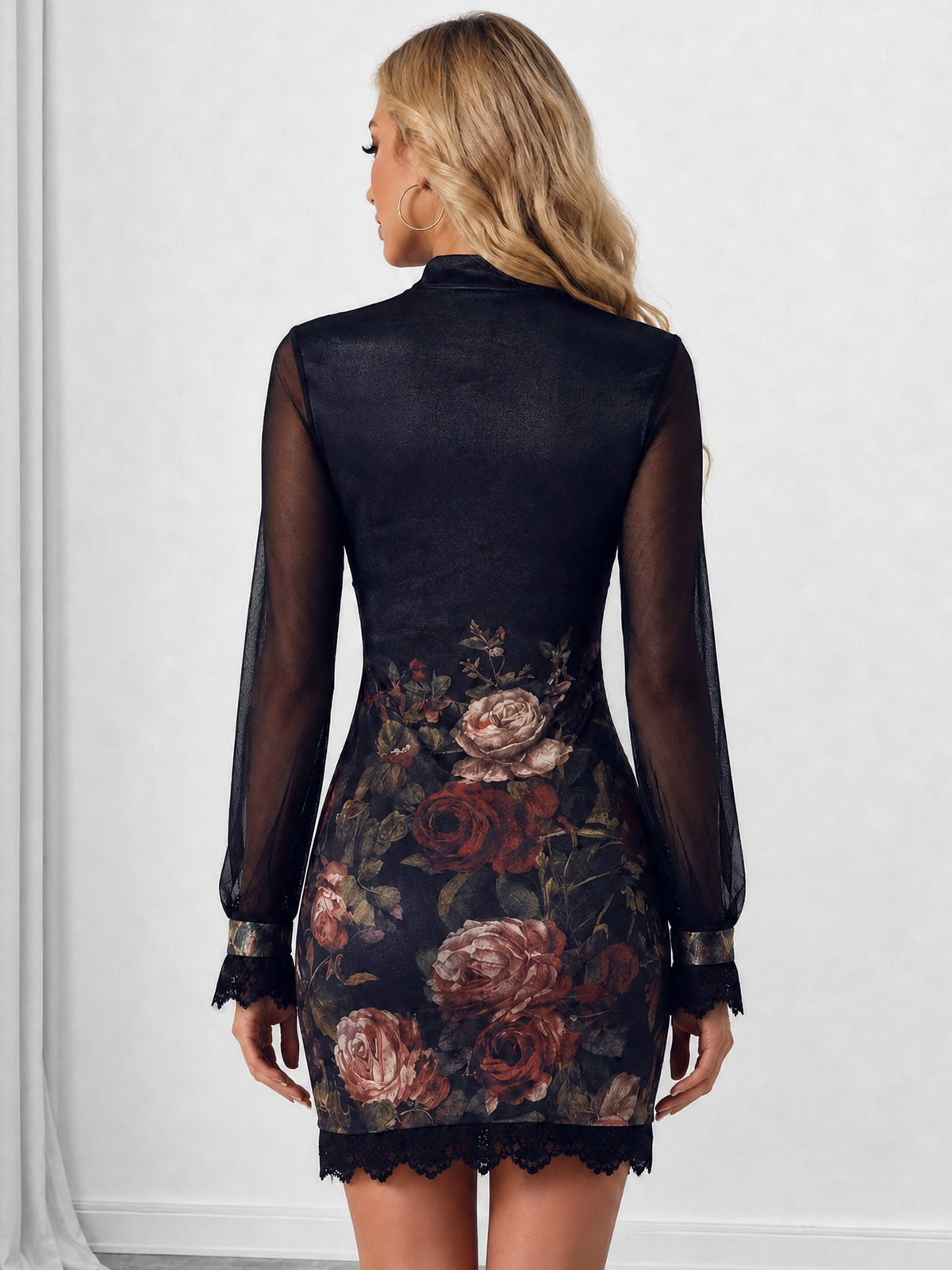 Lace Patchwork Sheer Mesh Floral Bodycon Mini Dress
