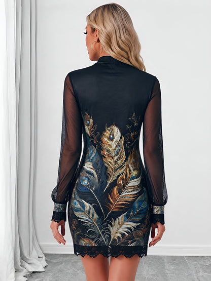 Lace Patchwork Sheer Mesh Floral Bodycon Mini Dress