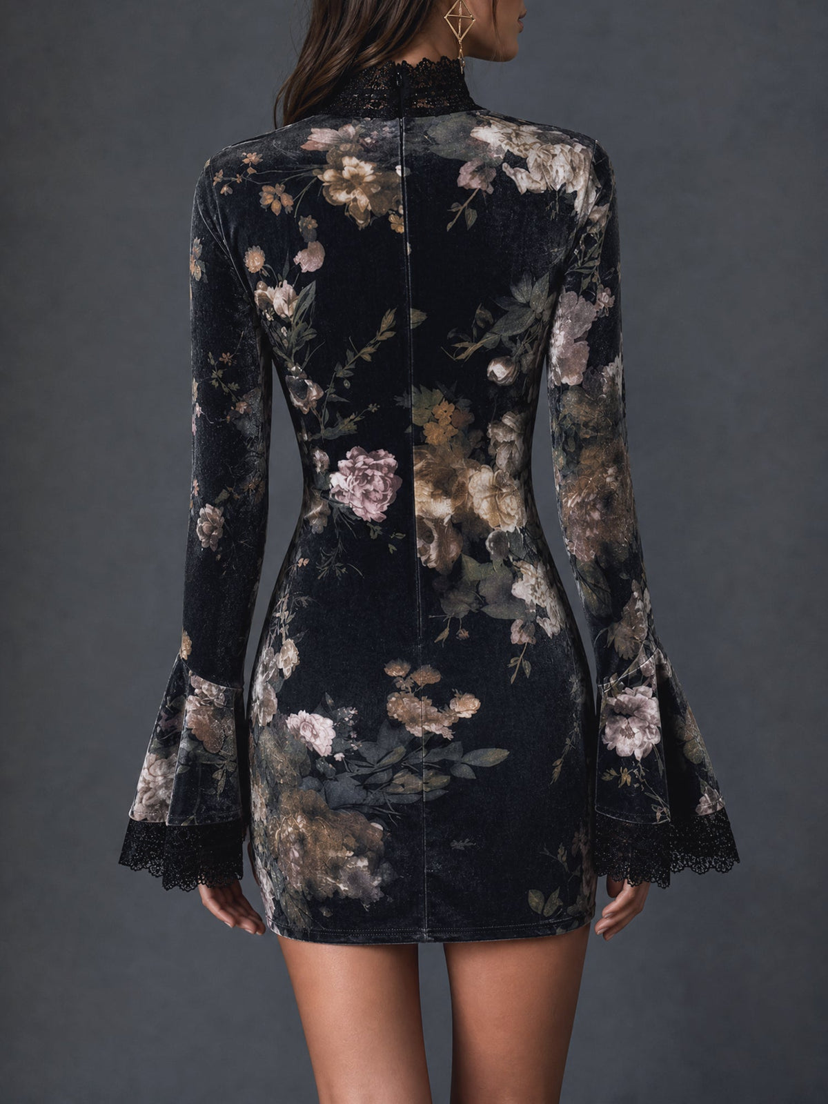 Floral Lace Patchwork Bell Sleeves Bodycon Mini Dress