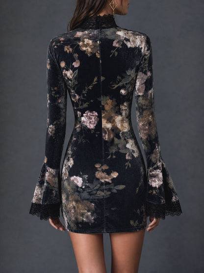 Floral Lace Patchwork Bell Sleeves Bodycon Mini Dress