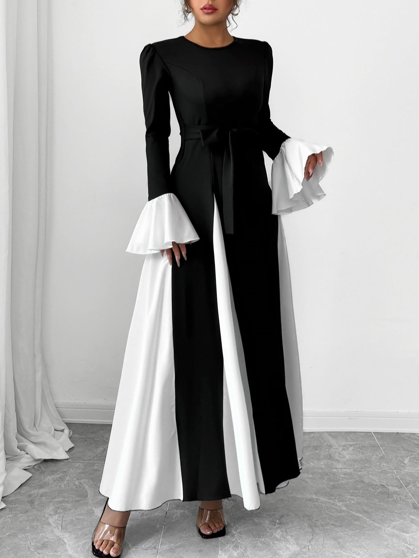 Colorblock Long Bell Sleeves A-Line Maxi Dress
