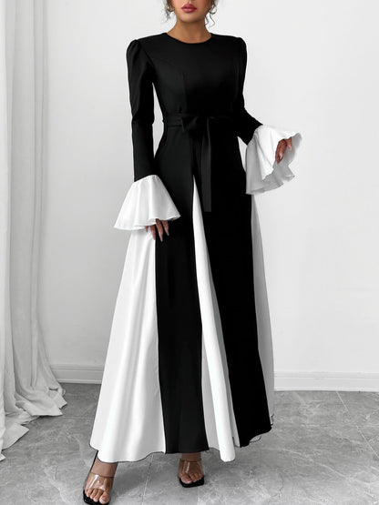 Colorblock Long Bell Sleeves A-Line Maxi Dress