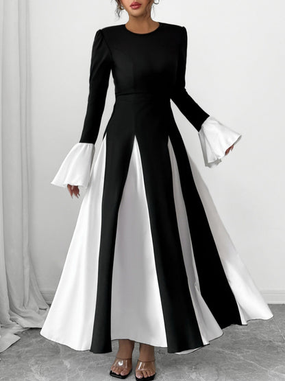 Colorblock Long Bell Sleeves A-Line Maxi Dress