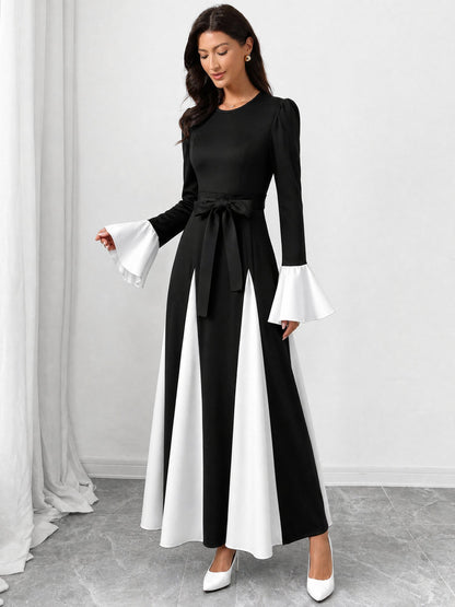 Colorblock Long Bell Sleeves A-Line Maxi Dress