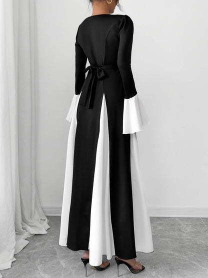 Colorblock Long Bell Sleeves A-Line Maxi Dress