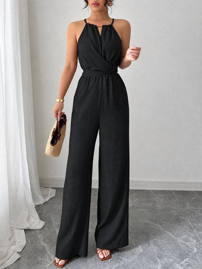 Sleeveless Criss Cross Lace-Up Wide Legs Jumpsuits