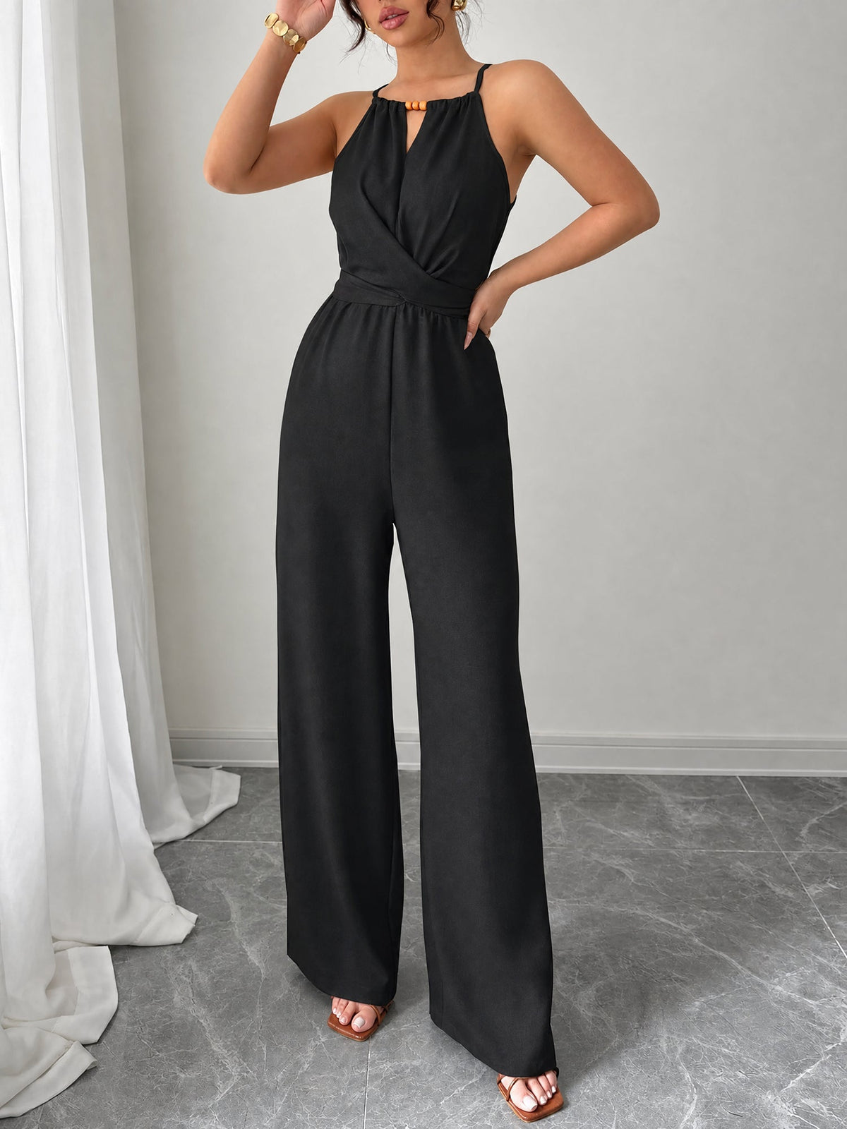 Sleeveless Criss Cross Lace-Up Wide Legs Jumpsuits