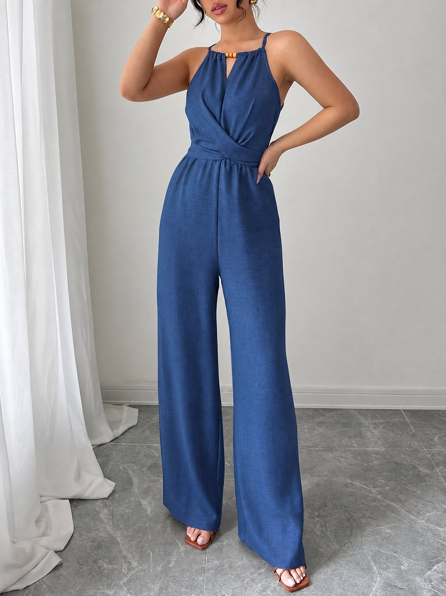 Sleeveless Criss Cross Lace-Up Wide Legs Jumpsuits