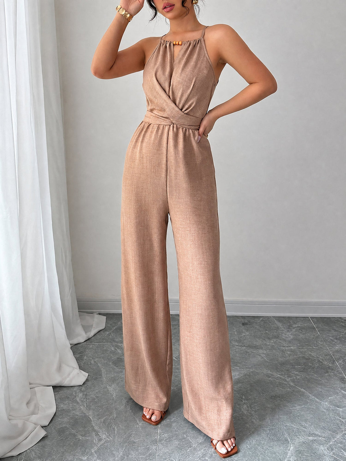 Sleeveless Criss Cross Lace-Up Wide Legs Jumpsuits