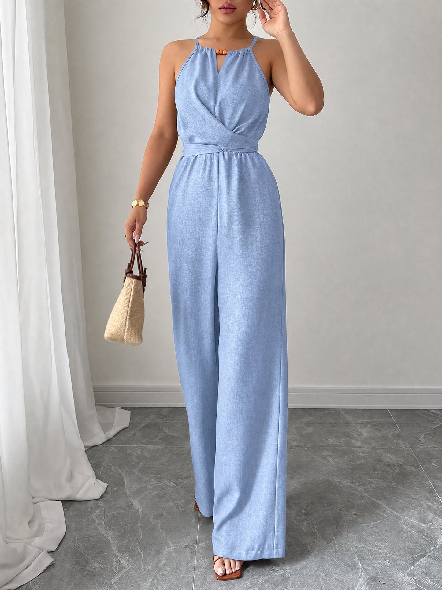 Sleeveless Criss Cross Lace-Up Wide Legs Jumpsuits