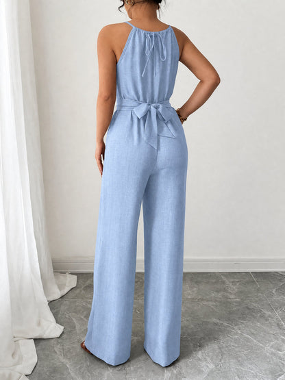 Sleeveless Criss Cross Lace-Up Wide Legs Jumpsuits