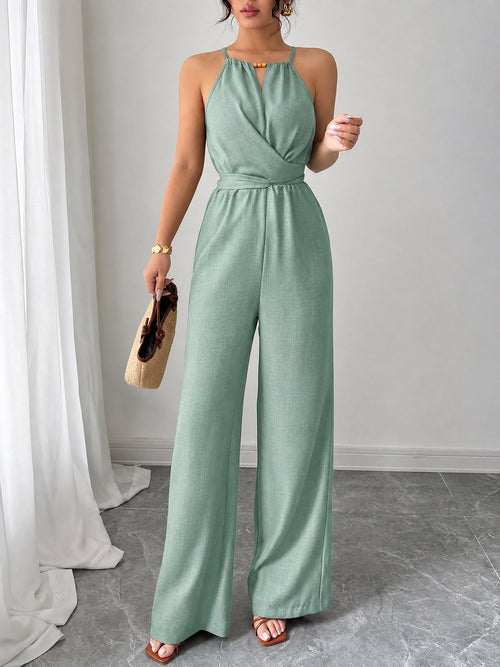 Sleeveless Criss Cross Lace-Up Wide Legs Jumpsuits