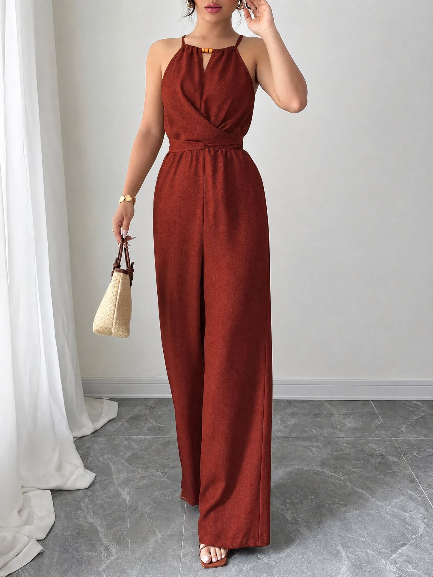 Sleeveless Criss Cross Lace-Up Wide Legs Jumpsuits