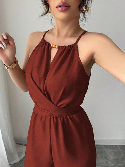 Sleeveless Criss Cross Lace-Up Wide Legs Jumpsuits
